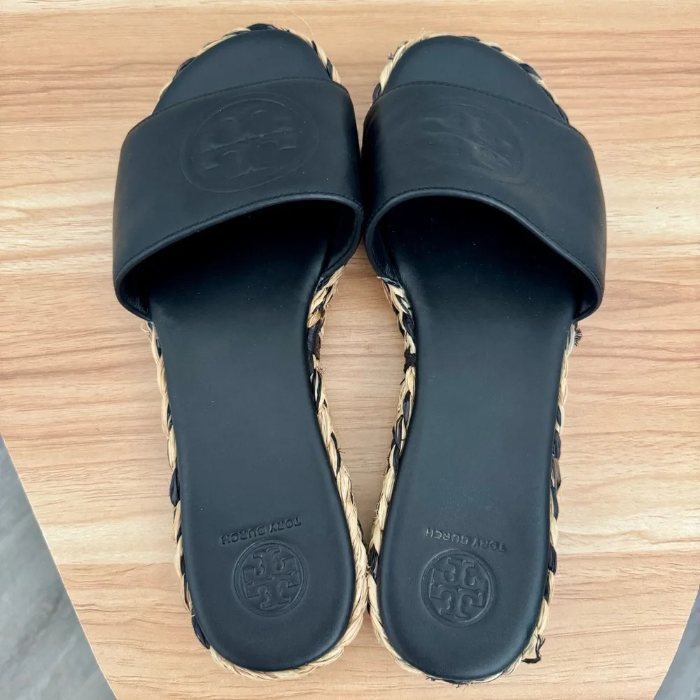 Tory Burch Black Leather Logo Espadrilles Open Toe Sandals Size 7.5